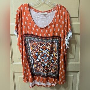 Farmers Market Burnt Orange Parsian Rug Pattern Short Sleeve Top Size: 1X EUC